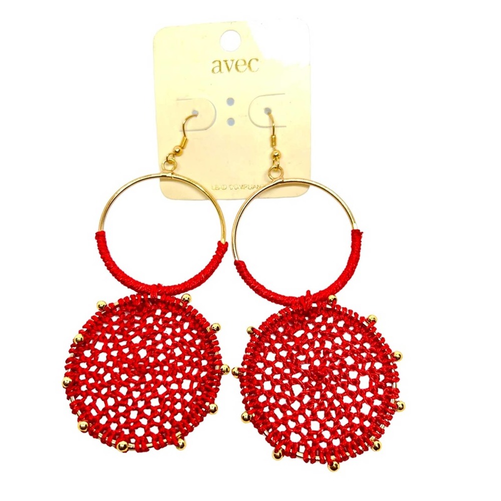 Avec earrings red boho string art unique dangle statement earrings
